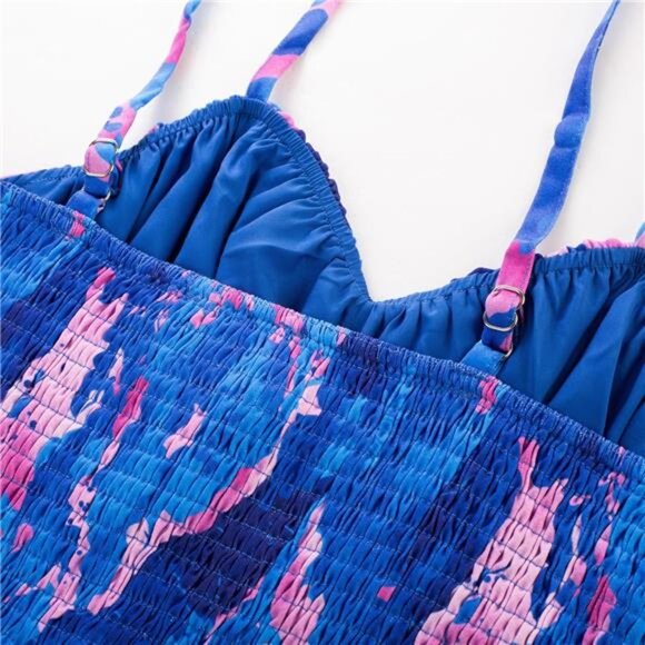 Women's Summer Floral Dress Spaghetti Strap Smocked Tiered Boho Maxi Long Dress - Picture 5 of 7